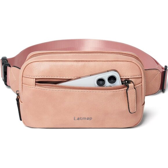 LATMAP 2L Fanny Pack, Faux Leather Waterproof Crossbody Waist Bag, Light-Pink - Picture 1 of 7